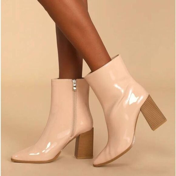 Lulus Dawnn Light Nude Patent Pointed Toe Block Heel Ankle Booties Size 7.5 - Picture 4 of 6